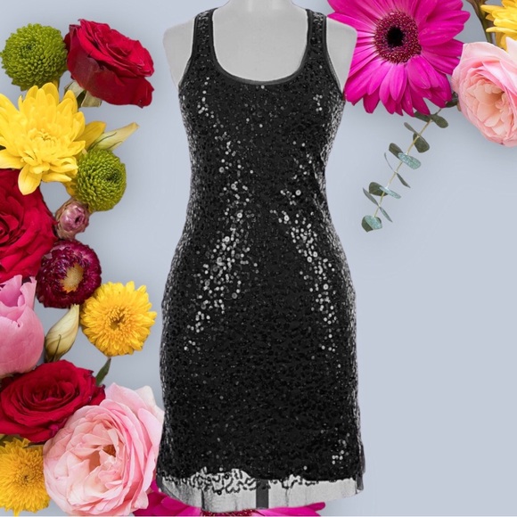 VINTAGE MAX STUDIO BLACK SEQUIN SPARKLY TANK DRESS MESH SEQUIN  BLACK MINI DRESS - Picture 1 of 16